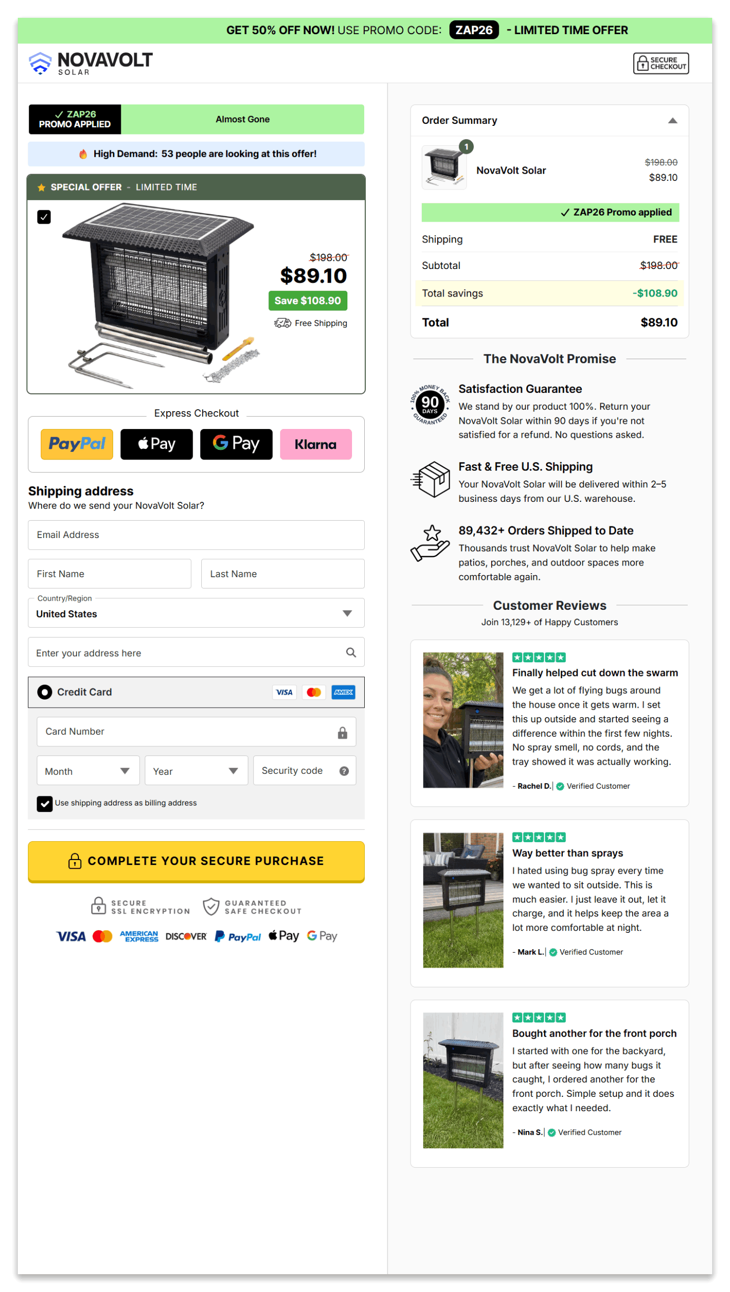 NovaVolt Solar Bug Zapper checkout page